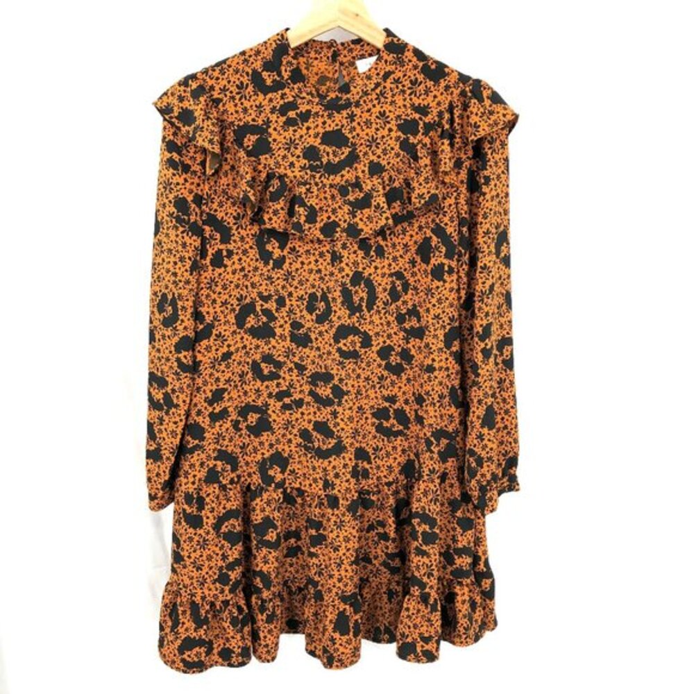 Topshop high neck long sleeved ruffle mini dress brown animal‎ print floral 6